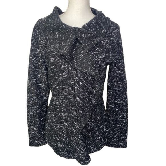 BNCI Womens knit jacket full zip ruffle collar cowl neck gray black size medium - Picture 1 of 15